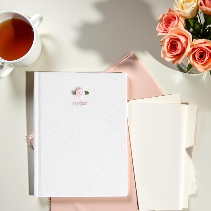 Pearhead Fabric Hardcover Journal Notebook 6x8 – Pointelle Embroidered College-Ruled Writing Journal with 200 Lined Pages, Pink