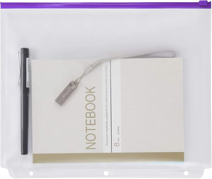 YoeeJob 3 Holes Clear PVC Zipper Binder Pocket Insert Pages Letter Size, 8 1/2"x 11 Loose Leaf Binder Filing Storage Bags 8 Packs(Purple)