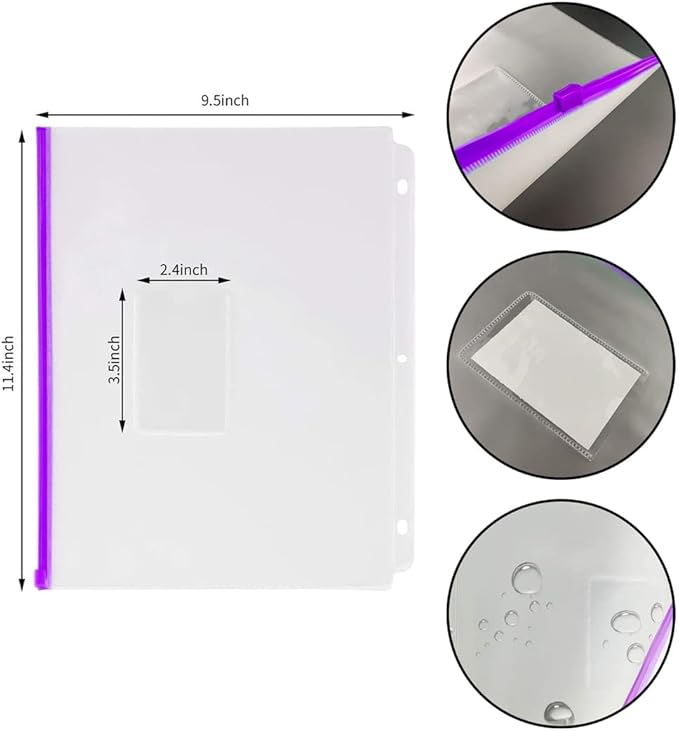 YoeeJob 8 Packs 3-Hole Clear Zipper Binder Pockets, Binder Insert Pages with Card Slots Suitable for School or Office to Organize Document, White