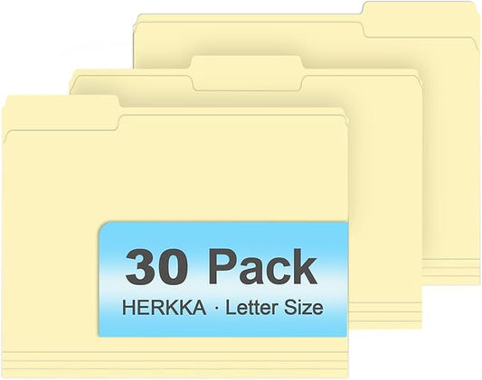 Manila Folders, HERKKA 30 Pack 1/3 Cut Tab File Folders, Manila Folders 8.5 x 11 Designed for Office and Classroom Use, Letter Size