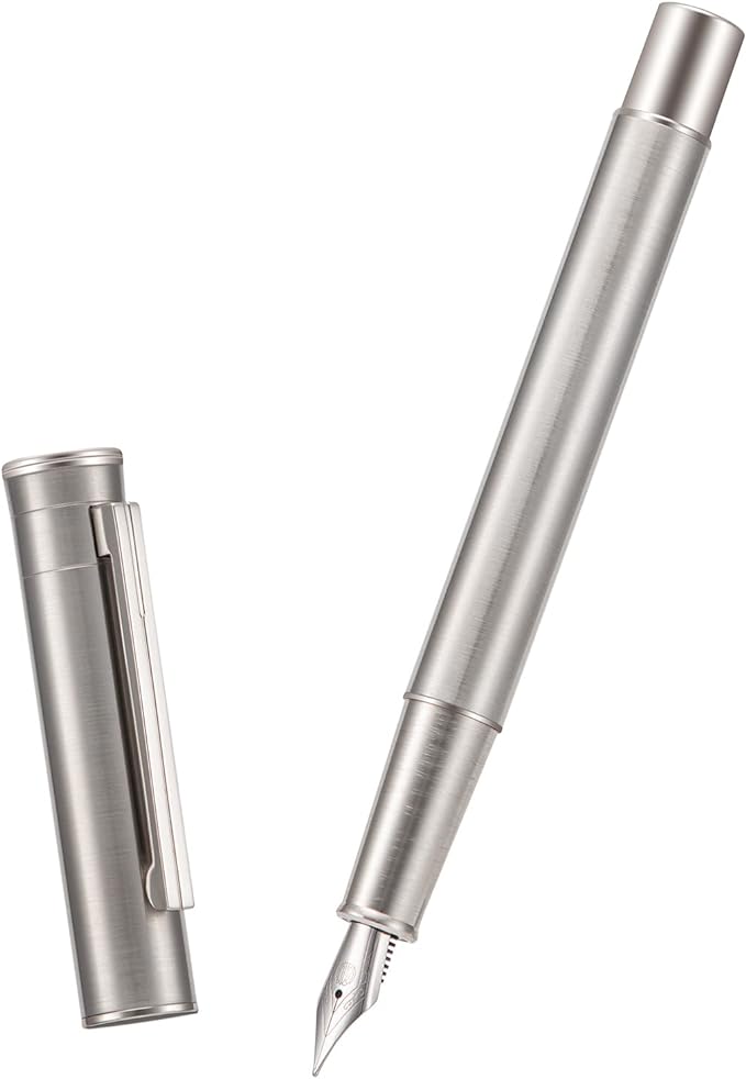 Hongdian 1861 Stainless Steel Fountain Pen Bent Nib, Classic Design Smooth Writing Pen with Converter and Metal Pen Case Set