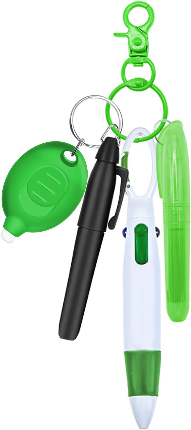 Nurse Pen Set, Badge Reel Pen Include Highlighter, Permanent Marker, LED Keychain Flashlight, Ballpoint Pen, and Nursing Keychain Clip (Green)