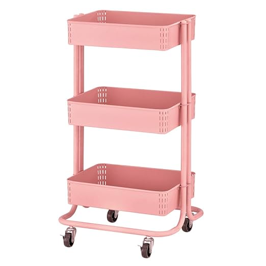 ECR4Kids 3-Tier Metal Rolling Utility Cart, Multipurpose Storage, Pink