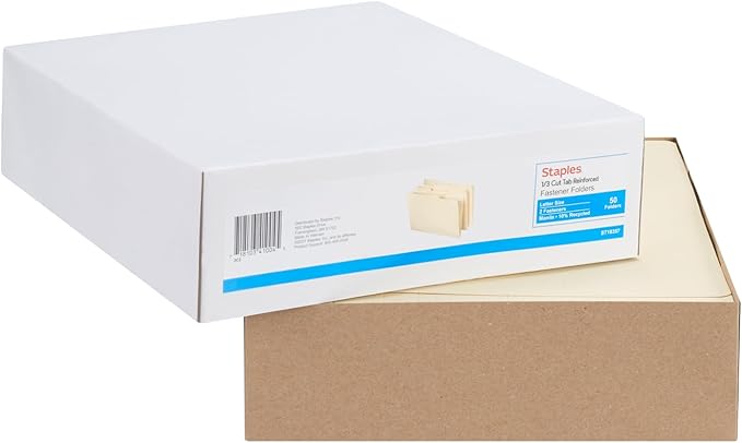 Staples Reinforced Classification Folder with Fasteners, Letter Size, 3/4″ Expansion, Manila Pressboard, Durable Construction, 50/Pack