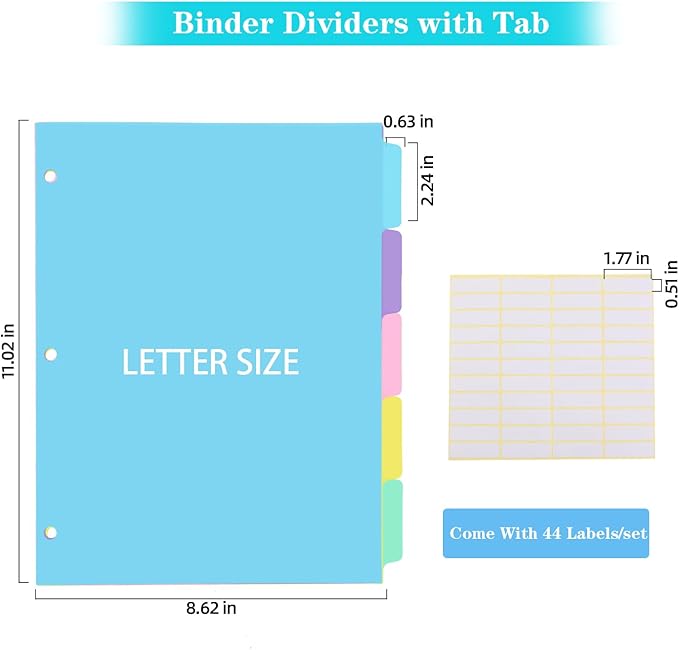 5 Tab Binder Dividers with Tabs,for 3 Ring Binder,Plastic File Dividers, Multicolor,Letter Size,3 Sets