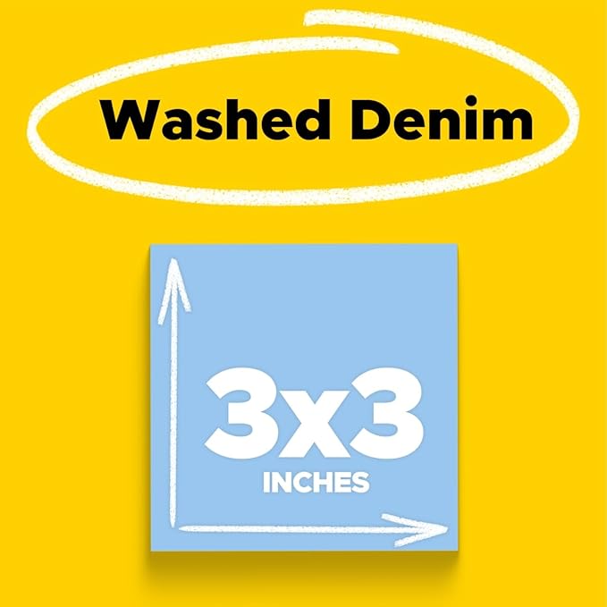 Post-it Super Sticky Notes, 5 Sticky Note Pads, 3 x 3 in., Ideal for Organization in Your Dorm, Home or Office, Single Color Packs Collection, Washed Denim