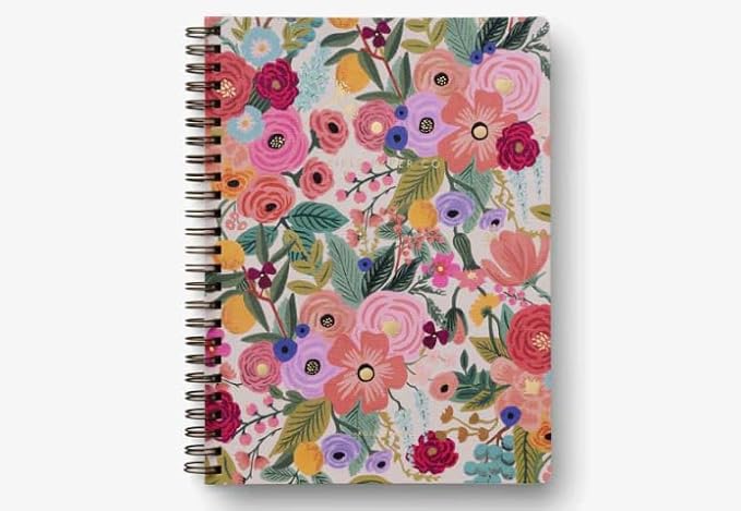 RIFLE PAPER CO. Garden Party Spiral Notebook, Full Color Softcover with Gold Foil Accents, 150 Ruled Perforated Pages, 6.25" W x 8.5" L, Pocket Folders for Storage