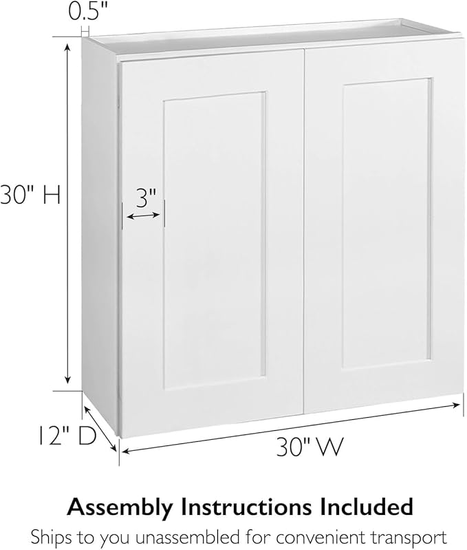 Design House Brookings Shaker Unassembled Wall Kitchen Cabinet W3030, 30 W x 12 D x 30 H, Painted White, Solid Wood, Design House, 561746