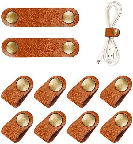 10 Pcs Cord Organizer, Stocking Stuffers for Men Portable Earphone Cord Holder Winder Keeper, Leather Cable Cord USB Straps, Leather Handmade (Light Brown)