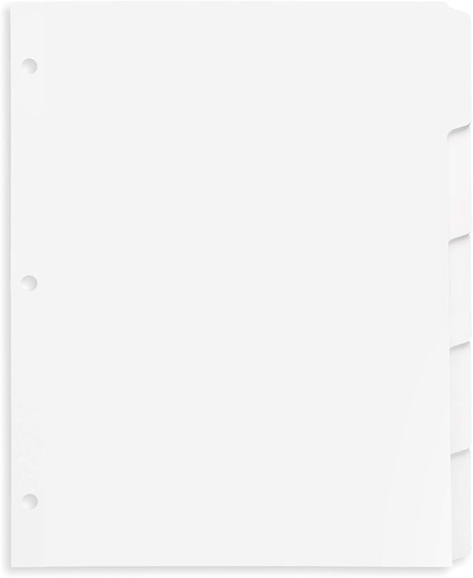 Blue Summit 3 Ring Binder Dividers with Tabs, Reinforced Edge, 1/5 Cut, Letter Size, 5 Tab Dividers for 3 Ring Binder Bulk, White, 20 Sets, 100 Pack