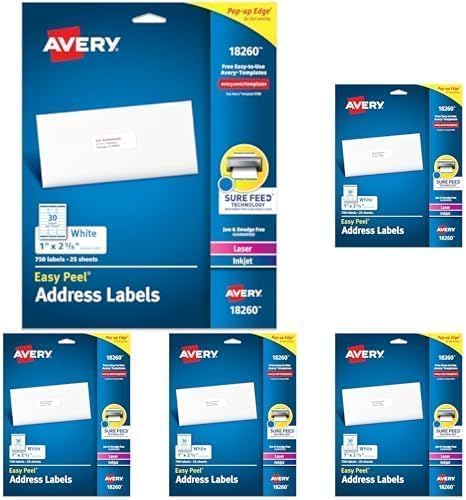 AVERY White Address Labels | Easy Peel | Sure Feed Technology | For Mailing & Shipping | 1" x 2-5/8" | 750 Labels, Pack of 5