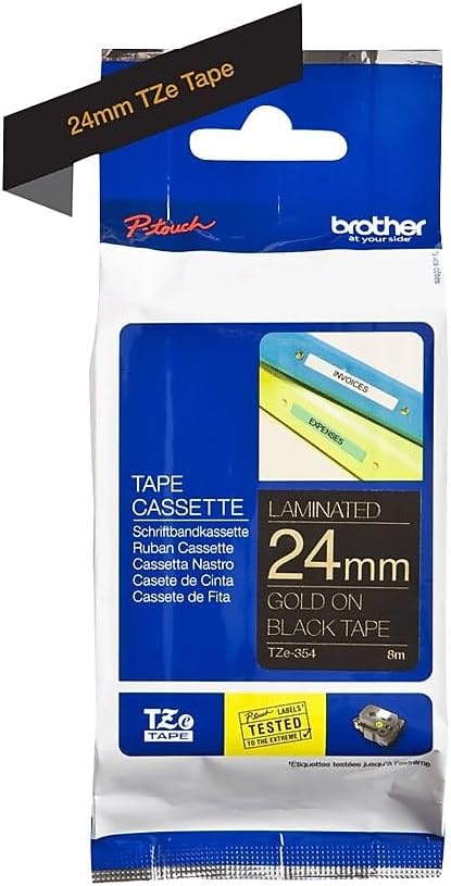 Brother Genuine P-Touch TZE-354 Tape, 1" (24 mm) Standard Laminated P-Touch Tape, Gold on Black, Laminated for Indoor or Outdoor Use, Water-Resistant, 26.2 ft (8 m), Single-Pack