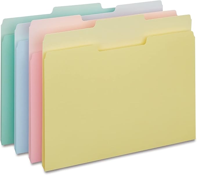 Staples Colored File Folders, Letter Size, 3‑Tab Top‑Tab Design, Assorted Pastel Colors, Durable Paper Stock, 100/Box