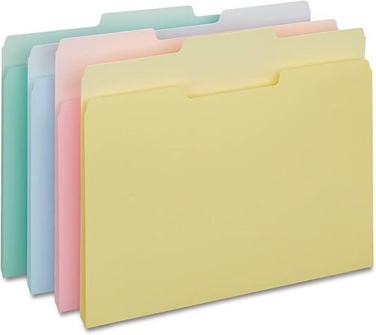 Staples Colored File Folders, Letter Size, 3‑Tab Top‑Tab Design, Assorted Pastel Colors, Durable Paper Stock, 100/Box