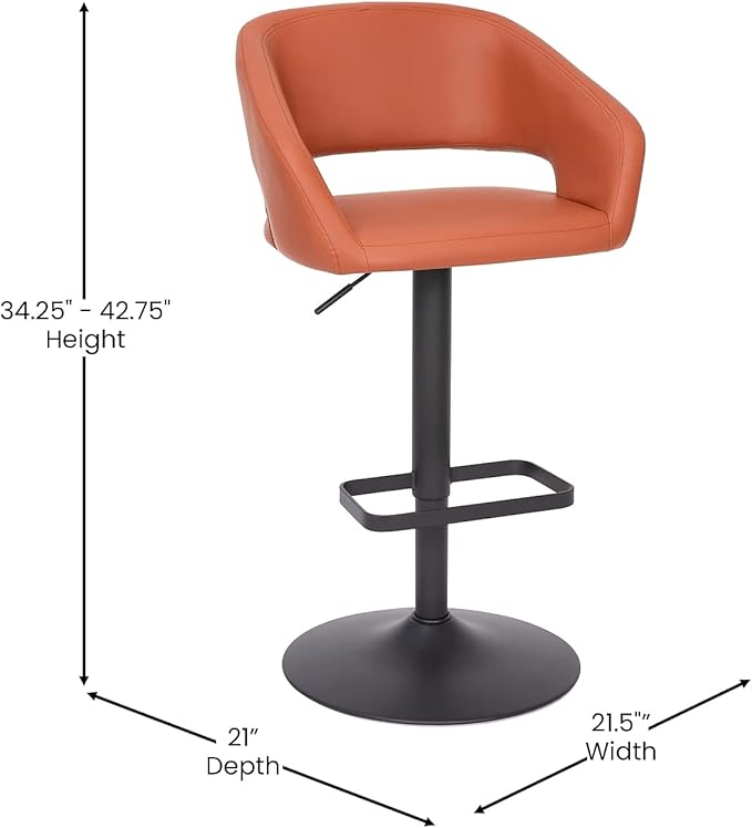 Flash Furniture Erik Comfortable & Stylish Contemporary Barstool with Rounded Mid-Back and Foot Rest, Adjustable Height - Cognac Vinyl with Black Base