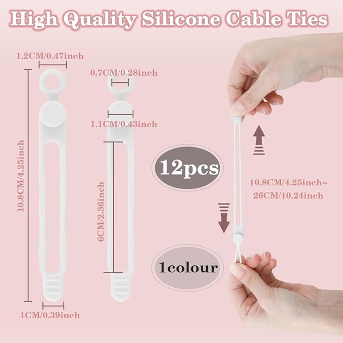 12Pcs White Silicone Cord Strap, Silicone Cable Ties, Reusable Cable Ties Management Organizer, Multipurpose Elastic Cord Organizer for Bundling and Fastening Cable