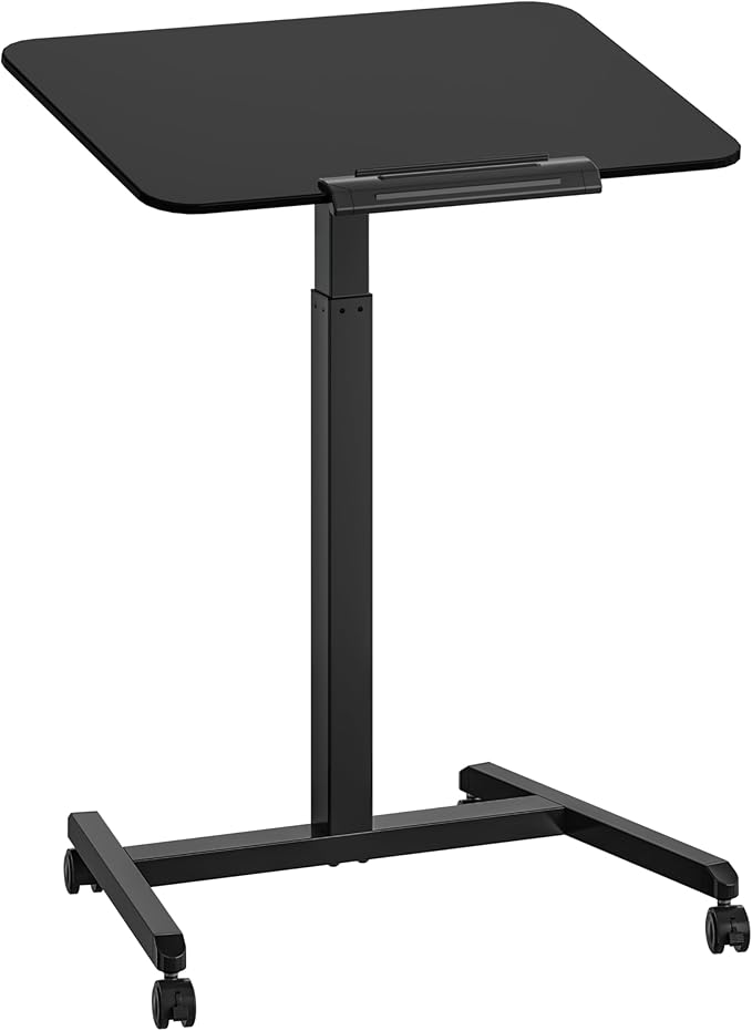 Seville Classics Airlift Height Adjustable Pneumatic Laptop Sit Stand Desk Mobile Rolling Cart, Computer Workstation for Home Office, Classroom, Black, 25.6" Tilting Desktop