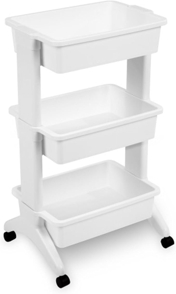 Sterilite 3 Tier Utility Cart Portable Storage Open Bin Organizer with 360 Degree Smooth Rolling Caster Wheels, Supports 10 lb Per Tier, White, 6-Pack