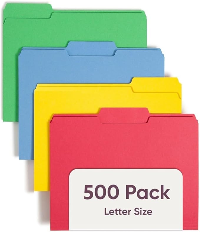 Smead Standard File Folders, 500 Count, Value Filing Products, Assorted Colors, Blue, Green, Red, and Yellow, 1/3-Cut Tabs, Letter Size (21126)