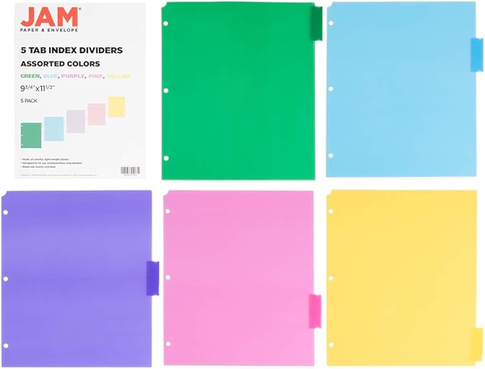 JAM PAPER Plastic Index 5-Tab Dividers - 9 3/4 x 11 1/2 - Assorted Multi-Color - 2 Packs of 5 Tabs/Set