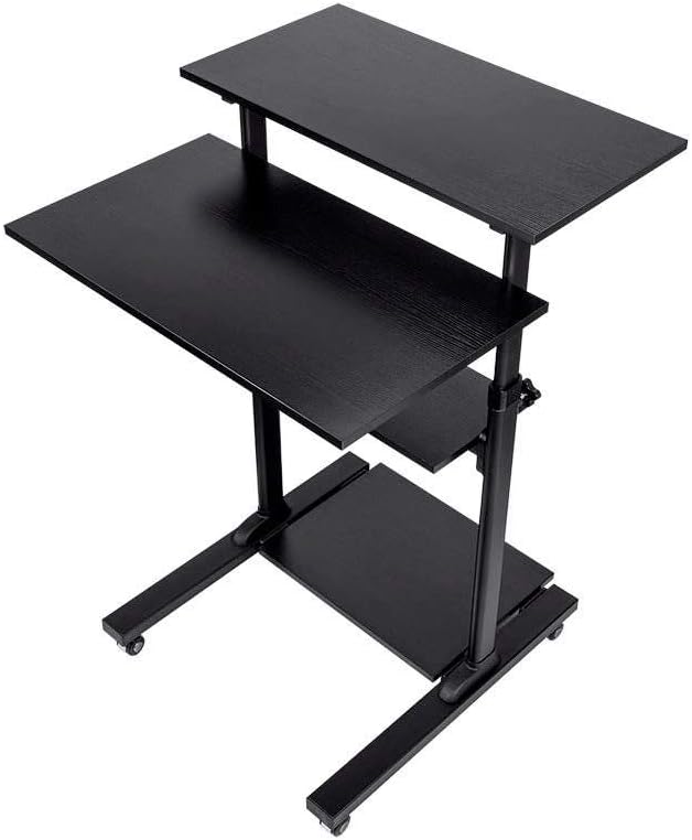 Monoprice Height Adjustable PC Workstation Cart - for Seated or Standing Position, with 28 Inch Table Top,Two Additional Accessory Shelves, Ideal for Work and Home, Black, Keyboard+ Monitor