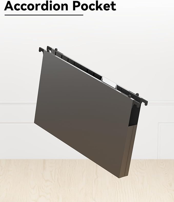 Ansook Plastic Legal Size Hanging File Folders,Reinforced 1" Expansion File Folder,12 Pack Accordion Folders,Heavy Duty File Cabinet Folder with 1/5 Insertable Tabs,Black Hanging Folders for Office