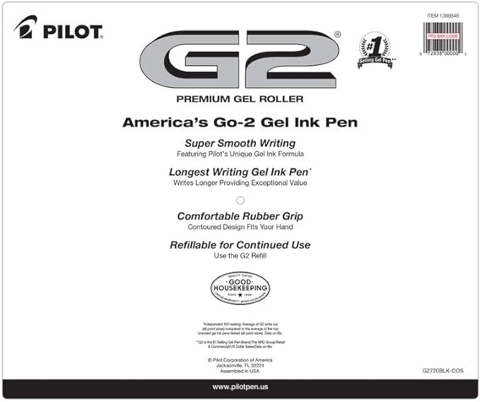 Pilot G2 Premium Gel Roller Pens 0.7, Fine Point Smooth Writing Pens Black, Pack of 20