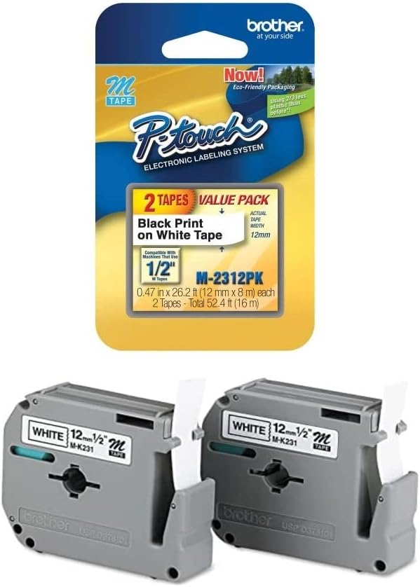 Genuine OEM brand name Brother M-2312PK Black on White Tapes 0.5"x26.2' (2/pk) M2312PK