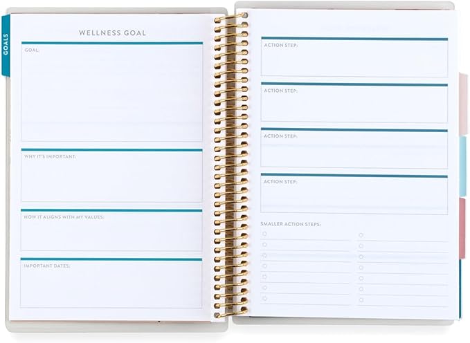 A5 Spiral - Bound Wellness Planner. 3 Months of Planning Pages. Daily Food, Movement, and Self-Care Trackers. Reflection and Celebration Pages. 6 Tabs. Sticker Sheet Included by Erin Condren.