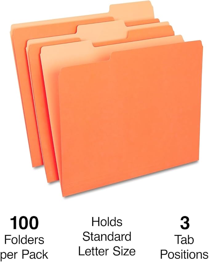 Staples Top‑Tab File Folders, Letter Size, 3‑Tab Design, Orange, Durable Paper Stock, 100/Box