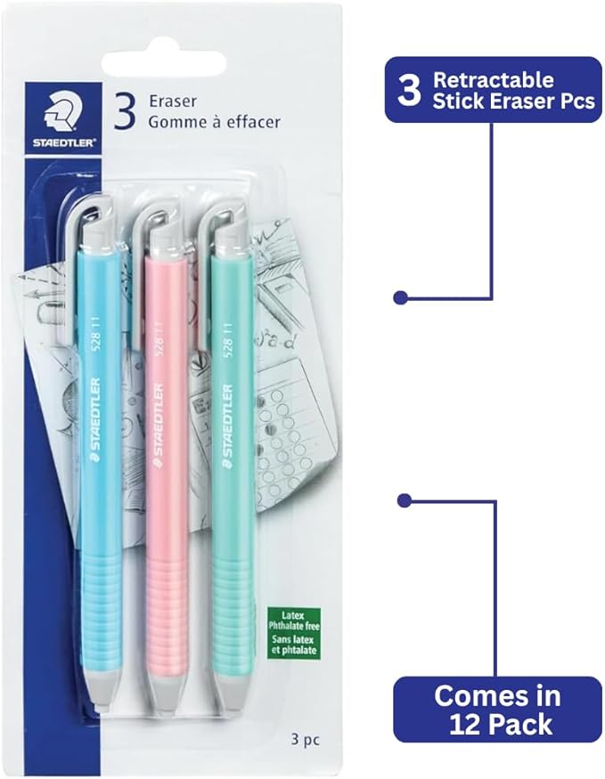 STAEDTLER Vinyl Eraser Holder 12-Pack (12 Sets of 3 pcs): 3 Units Retractable Erasers for Pencils, Soft Vinyl, Latex-Free, Clean Edges, No Smudges, Pastel Colors, 36 Count