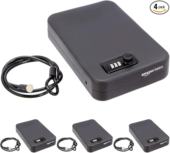 Amazon Basics Portable Security Case Lock Box Safe with Combination Lock for Documents,Valuables,Personal Items,Dorm Room,Home,Large,Black,(Pack of 4)