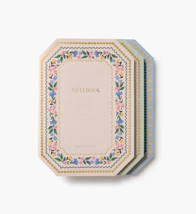 RIFLE PAPER CO. Gemma Stitched Notebook Set, 8.5" L x 6" W, Set Of 3, 64 Ruled Pages With Gold Ink, Full-Color Die-Cut Canvas Cover With White Text Paper Interior