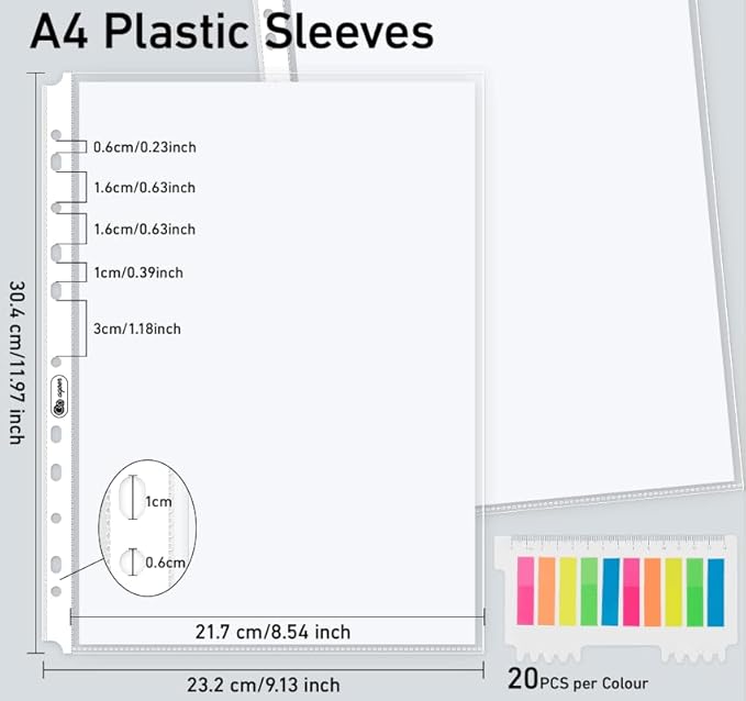 80 Clear Sheet Protectors for Binders,Heavyweight A4 Punched Pocket with Sticky Tabs,120 Micron Acid Free Binder Sleeves Reinforced 11-Hole,Top Loading Plastic Dividers for Documents,Photos
