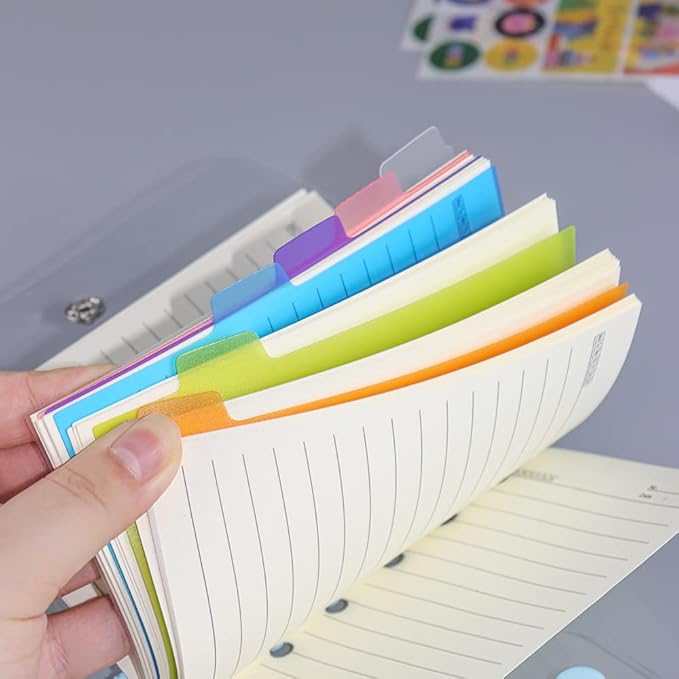 2 Pack A7 Binder Dividers 6 Tabs Bright Color Plastic Binder Index Tabs Planner Divider for Round Ring Binder Sheet Protector (Transparent, 12 Dividers)