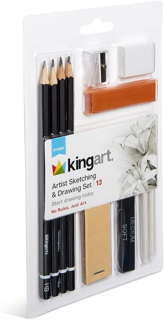 KINGART 13-Piece Sketching & Drawing Set – Complete Artist Kit with Graphite, Charcoal & Pastel Pencils, Blending Tools & Eraser in Portable Case – Art Supplies for Beginners & Professional Artists