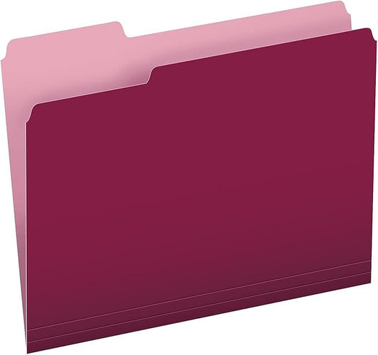 Pendaflex Colored File Folders, 100 Pack, Letter Size (8.5" x 11"), 3 Tabs, Burgundy, Light Interiors for Clearer Labels & Fewer Misfiles, A Colorful Way to Organize Projects