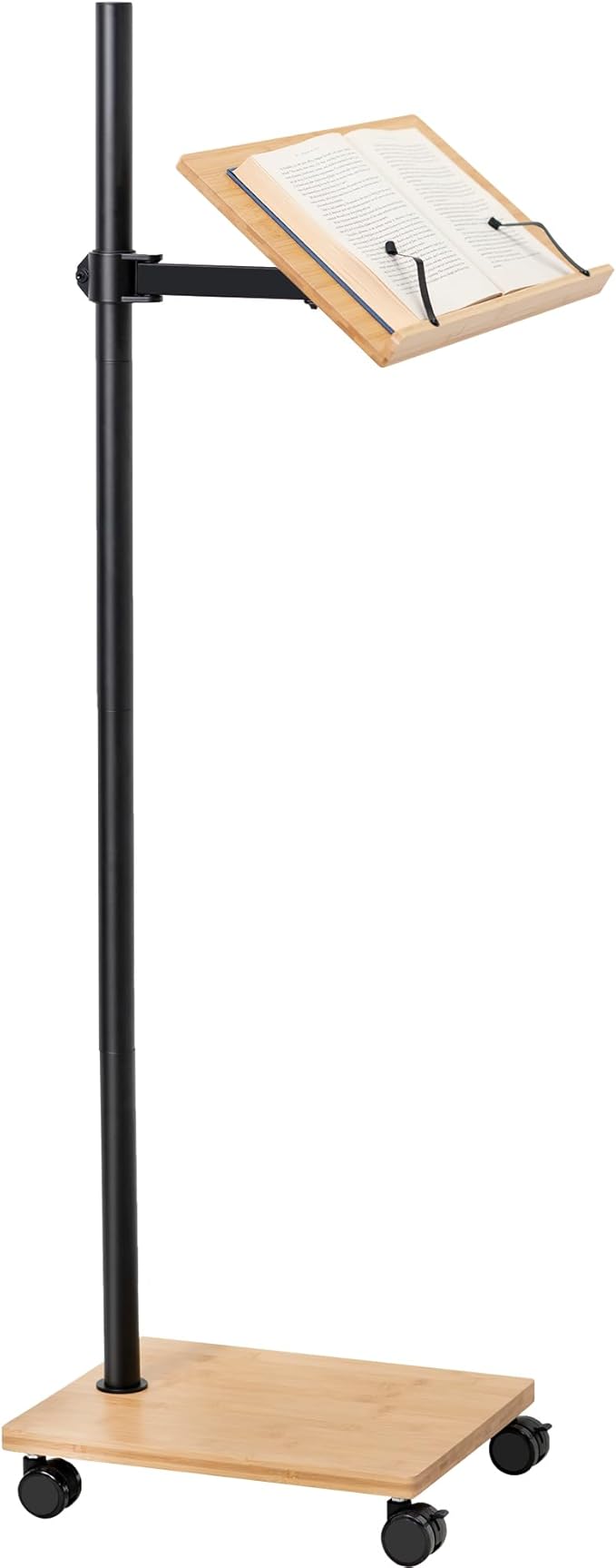 VIVO Mobile 16 inch Mobile Podium Reading Stand, Portable Rolling Book Holder, Real Bamboo Surfaces and Black Pole, CART-BK01B