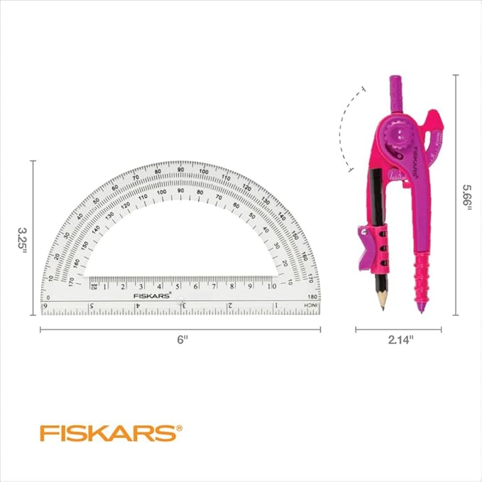Fiskars Plastic Compass and Protractor Set, Math Geometry Kit for Kids 8+, School Supplies, Includes Pencil, Color Varies