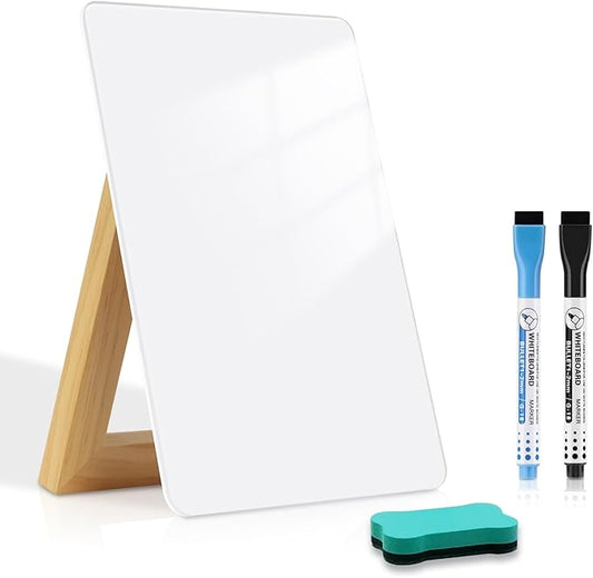 Desktop Glass Dry Erase Board, Small Glass Whiteboard with Adjustable Wood Stand - Reusable Desk Notepad 9.5" x 6.7" for Home Office