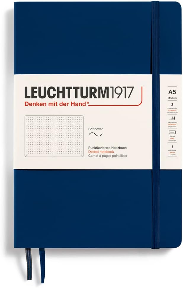 LEUCHTTURM1917 - Notebook Softcover Medium A5-123 Numbered Pages for Writing and Journaling (Dotted, Navy)