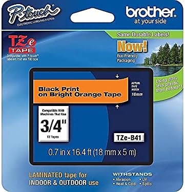 Brother Genuine P-touch TZE-B41 Tape, 3/4" (0.7") Wide Standard Laminated Tape, Black on Fluorescent Orange, Laminated for Indoor or Outdoor Use, Water-Resistant, 0.7" x 16.4' (18mm x 5M), TZEB41