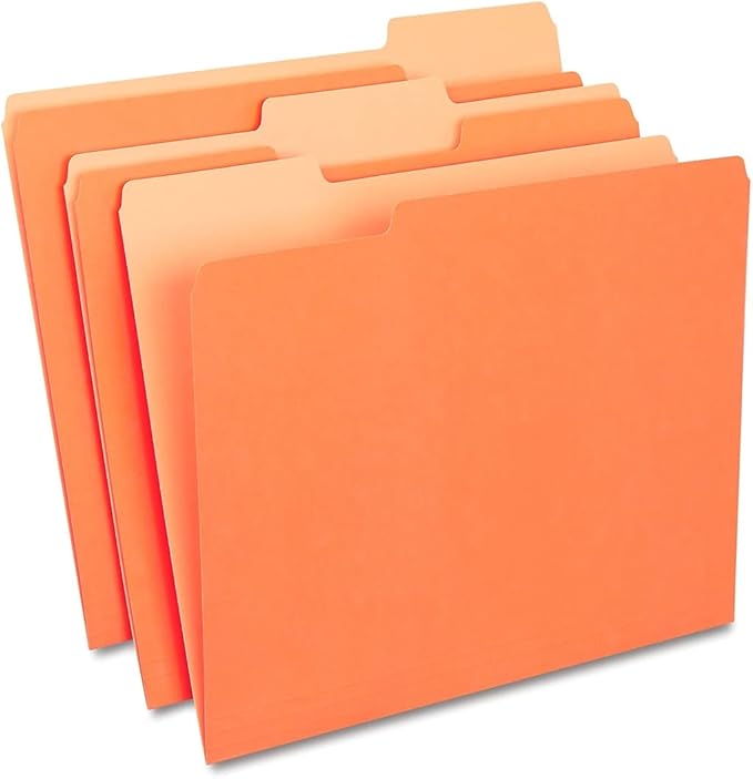 Staples Top‑Tab File Folders, Letter Size, 3‑Tab Design, Orange, Durable Paper Stock, 100/Box
