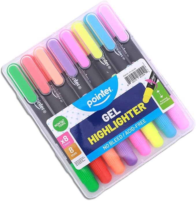 Pointer Gel Highlighters – Set of 8 Colors – No Bleed, Acid-Free, Retractable Design – School & Office Supplies for Notes, Journals & Bible Study