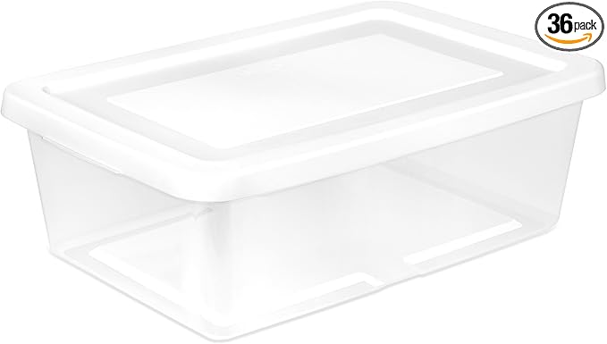Sterilite 36 Pack Storage Box, 12 Quart Stackable Tote, Clear Plastic Container with Secure Snapping Lids for Home and Office Organization, White