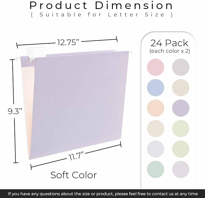 Y YOMA 24 Pack Colored Hanging File Folders Letter Size Decorative Hanging Folder Cute Pretty File Folder for Filing Cabinet Drawer Office Home with 1/5-Cut Adjustable Tabs, Soft Color