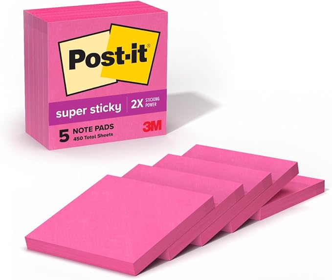 Post-it Super Sticky Notes, 5 Sticky Note Pads, 3 x 3 in., Ideal for Organization in Your Dorm, Home or Office, Single Color Packs Collection, Power Pink
