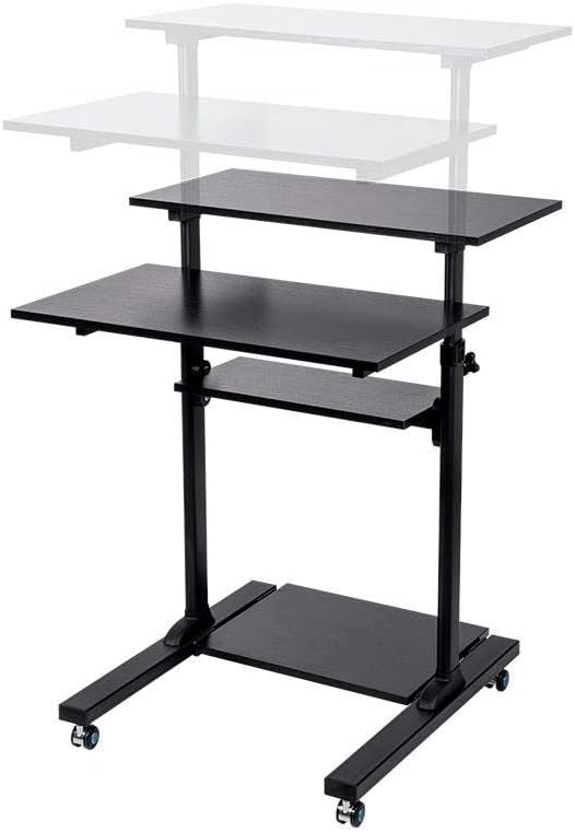 Monoprice Height Adjustable PC Workstation Cart - for Seated or Standing Position, with 28 Inch Table Top,Two Additional Accessory Shelves, Ideal for Work and Home, Black, Keyboard+ Monitor