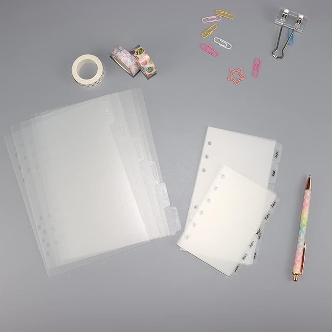 2 Pack A6 Binder Dividers 6 Tabs Clear Plastic Binder Index Tabs Planner Divider for Round Ring Binder Sheet Protector (Total 12 Dividers)