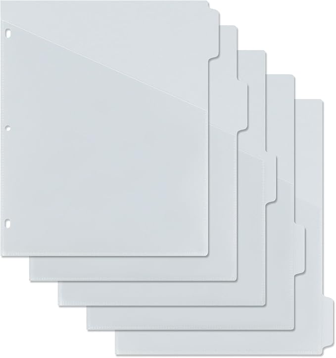 Koqye Binder Dividers with Pockets - 5 Plastic Dividers for 3 Ring Binders - A4 Bividers with Pocket & Tabs for Planners (Grey - 5 Tabs)